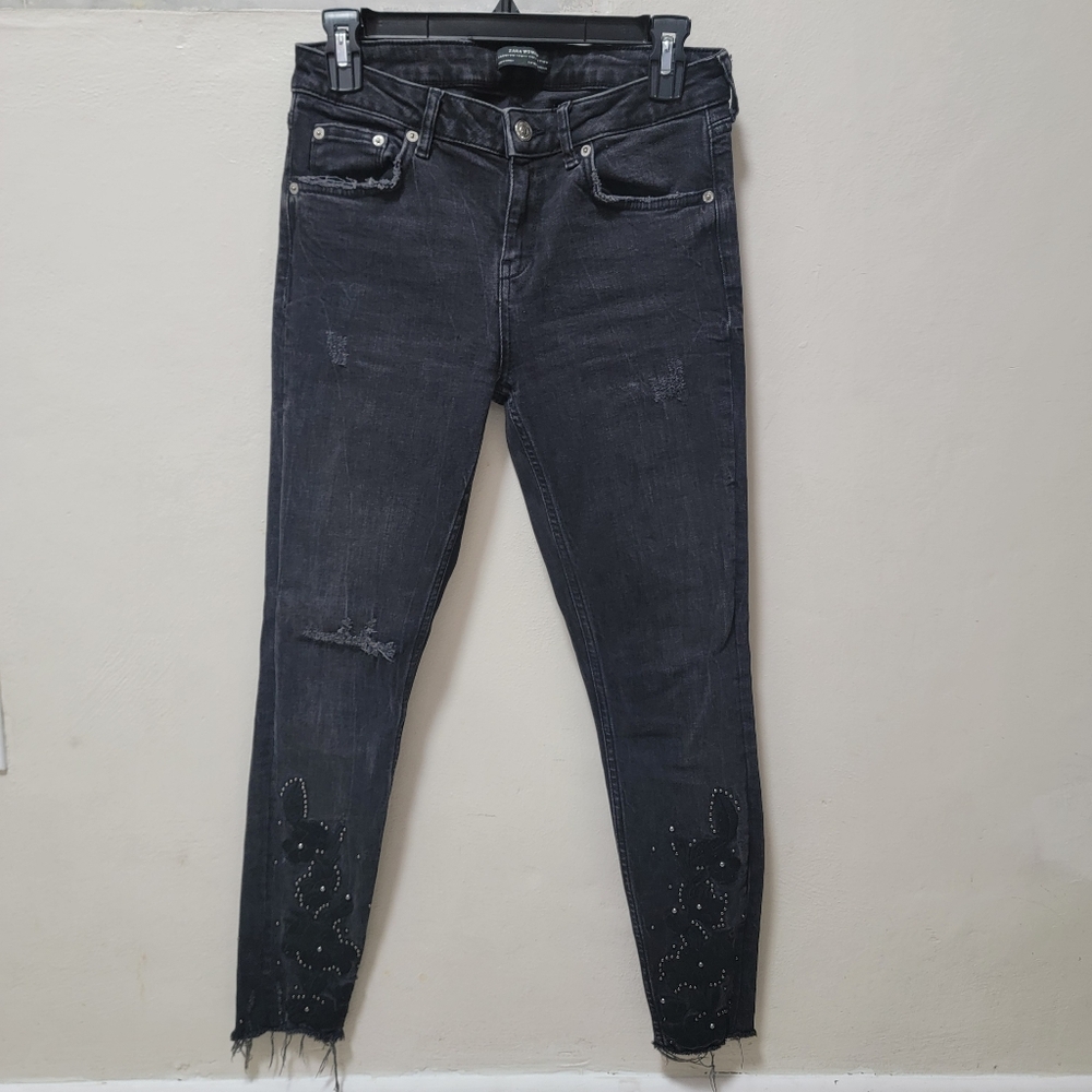 Zara Woman Jeans Premium Denim Black Beaded Floral Embroidered Skinny Mid rise 6